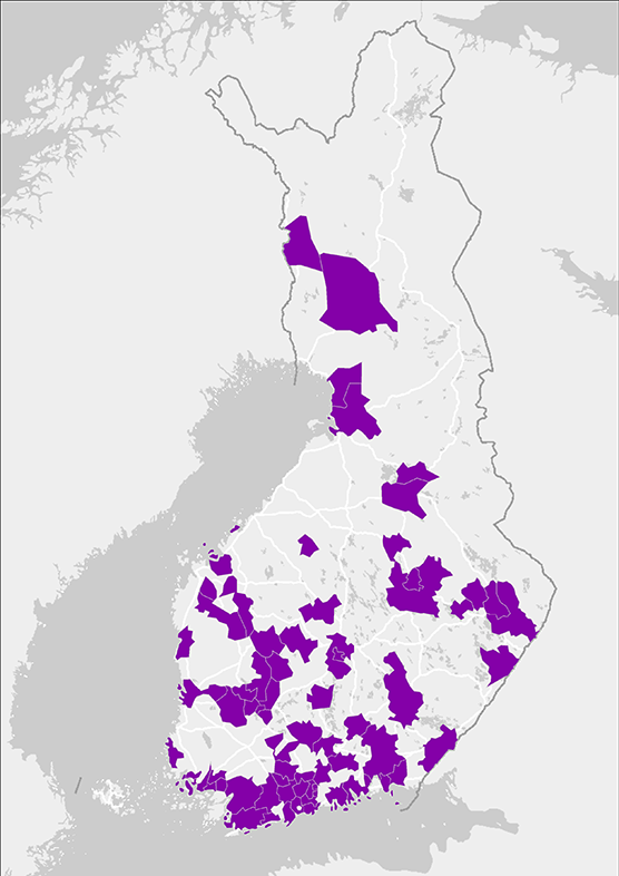 Kartta Soolotalkoissa mukana olevista kunnista Suomessa